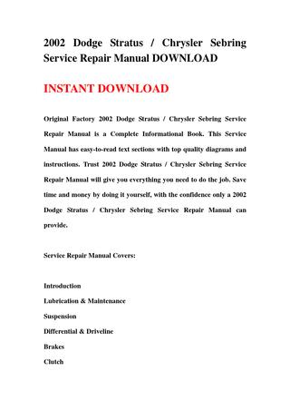 download Dodge Stratus Chrysler Sebring workshop manual