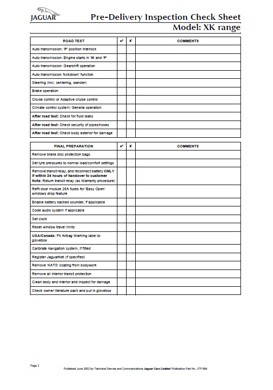 download JAGUAR Pre Delivery Inspection Check Sheet Model XK range 2 able workshop manual