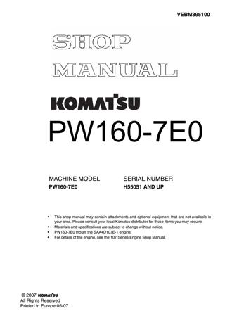 download KOMATSU PW160 7E0 Operation able workshop manual